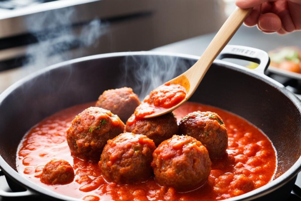 Reheating meatballs in a large pot with sauce