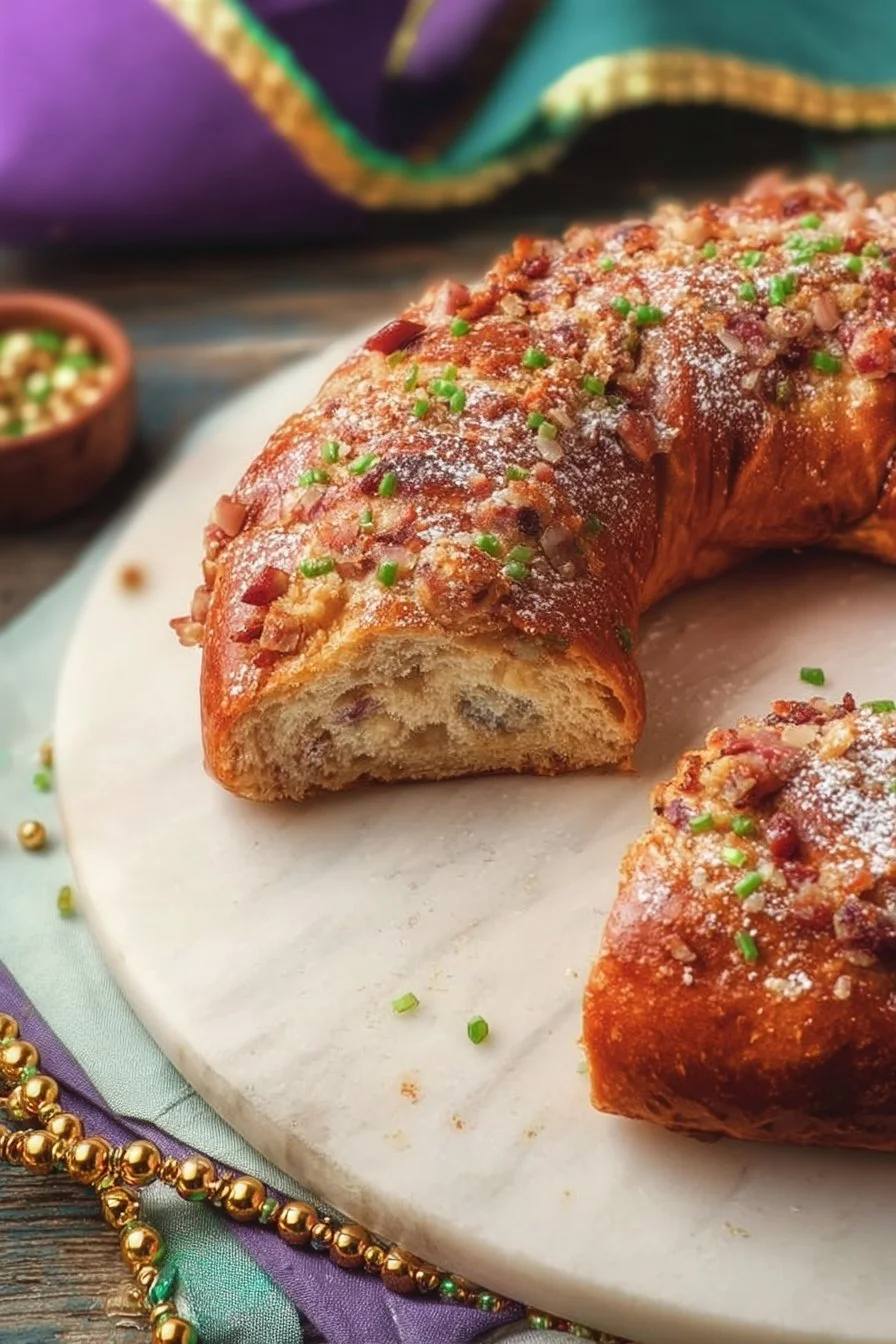 A colorful Boudin King Cake garnished with festive decorations.