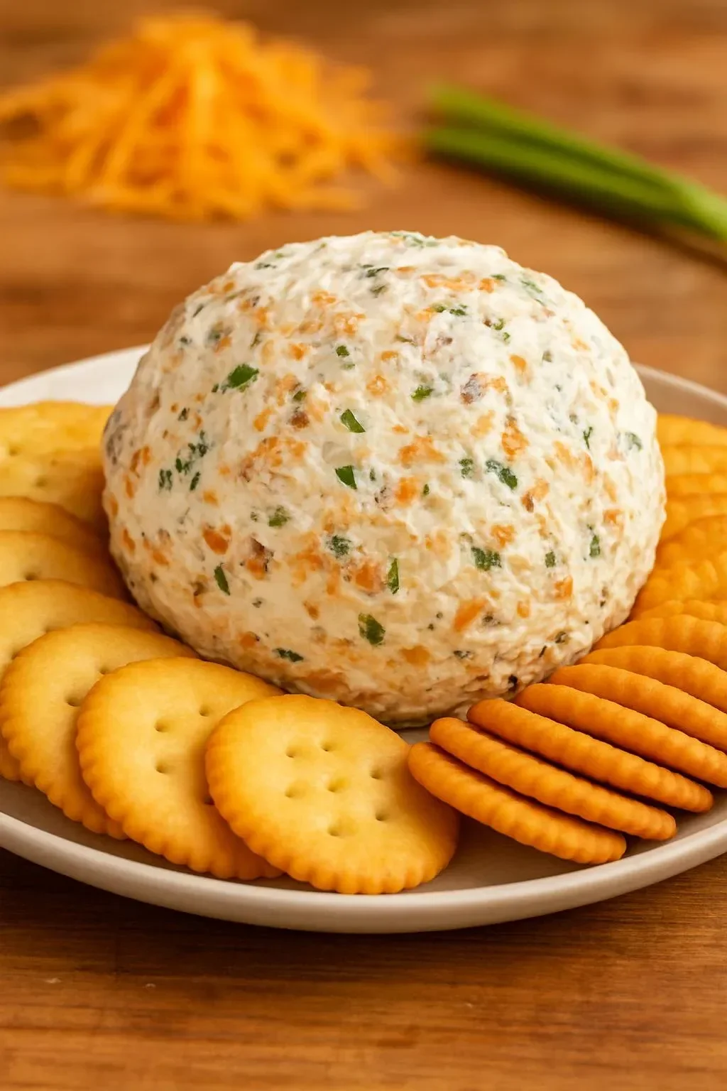 Cheddar Ranch Cheeseball garnished with herbs and crackers on a platter