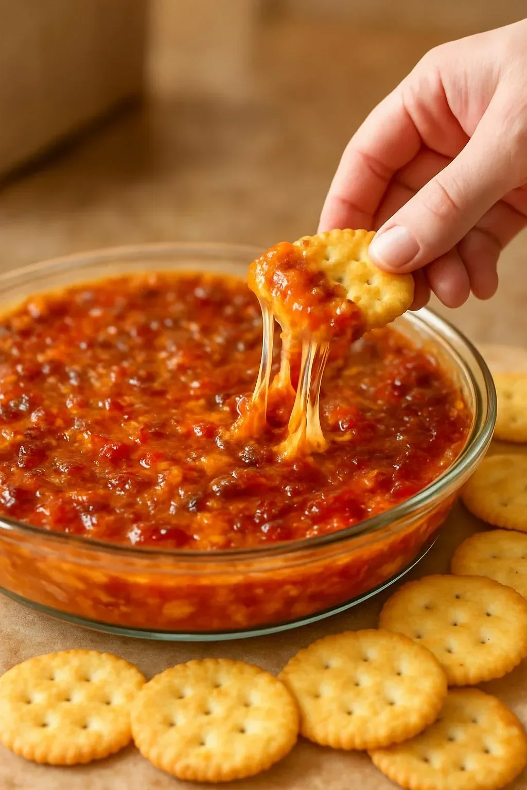 Pepper Jelly Cheese Dip served with crackers on a wooden platter
