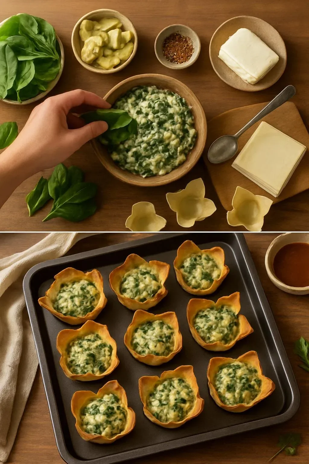 “Spinach & Artichoke Wontons: A Flavorful Fusion of Greens and Creamy Goodness!”
