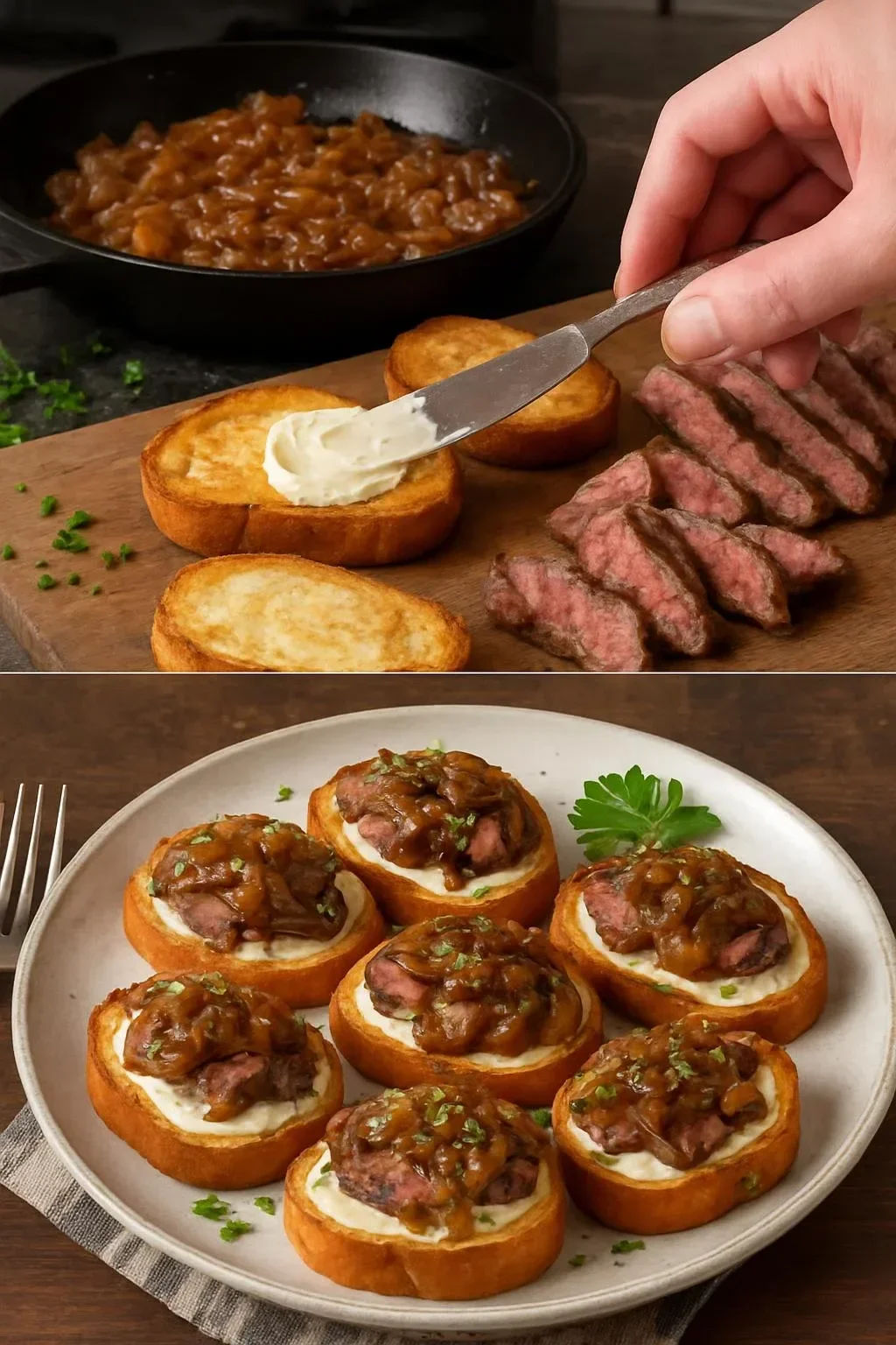 Steak Crostini with a Creamy Horseradish Sauce and Caramelized Onions