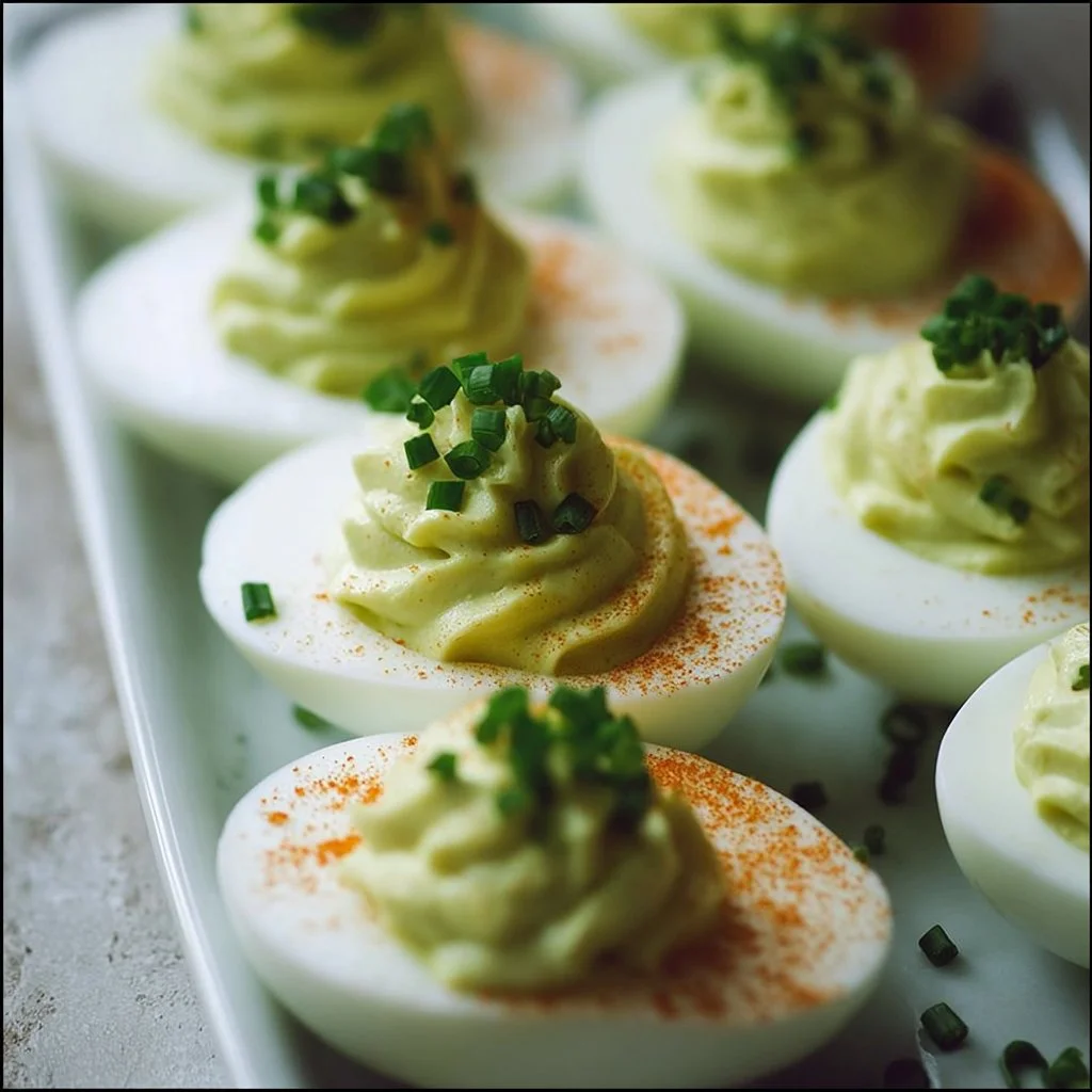 A platter of perfectly garnished deviled eggs ready for a party.