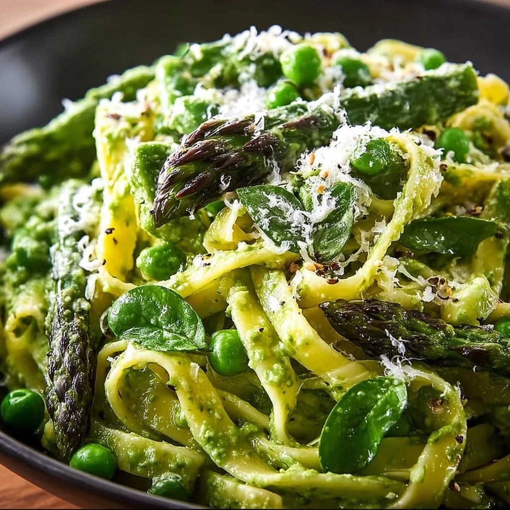 Green Goddess Fettuccine With Creamy Spinach Sauce, Asparagus, and Peas