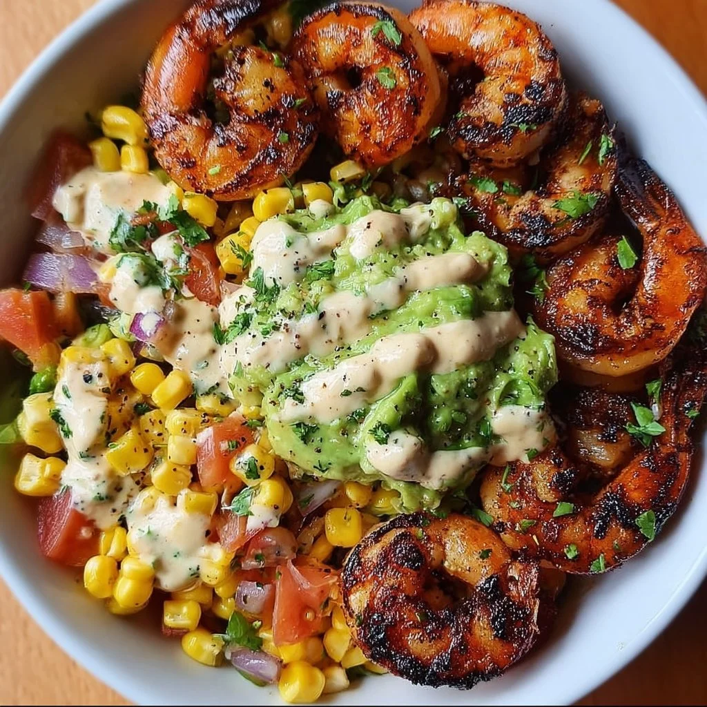 Grilled Shrimp Bowl with Avocado, Corn Salsa & Creamy Garlic Sauce