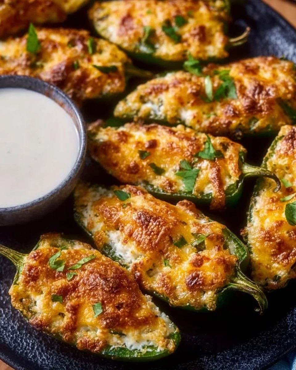 Plate of crispy jalapeno poppers filled with cheese and spices