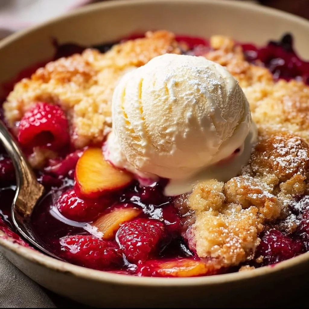 Peach Cobbler with Raspberries