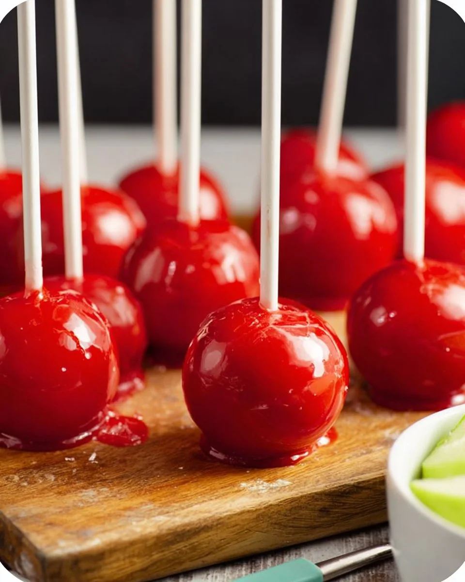This Candy Apple Lollipops recipe has a crunchy candy coating with crisp Granny Smith apple on the insides.