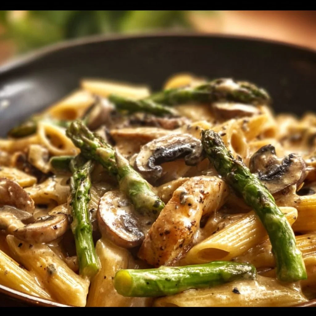 Creamy Mushroom and Asparagus Chicken Penne