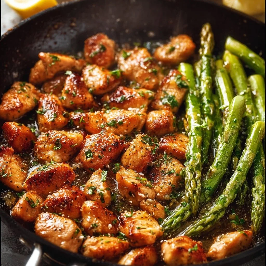 Garlic Butter Chicken Bites and Lemon Asparagus