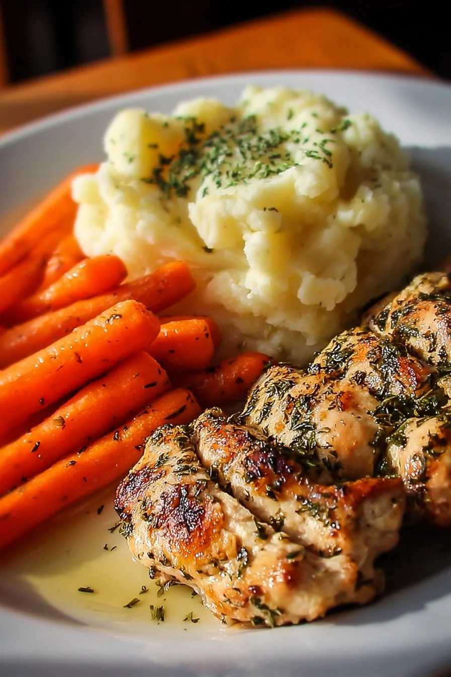 Garlic Herb Chicken with Creamy Mashed Potatoes and Glazed Carrots