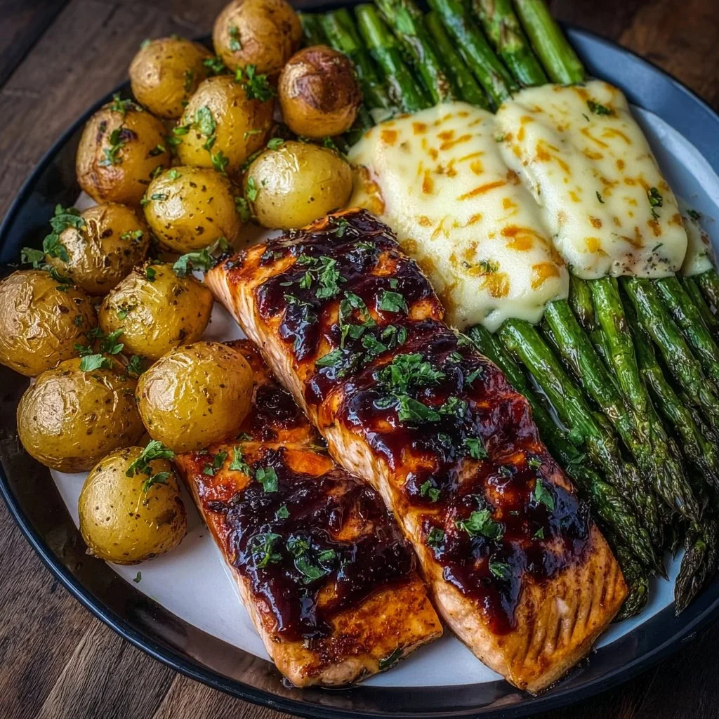 Honey Garlic Glazed Salmon with Cheesy Baked Asparagus & Roasted Baby Potatoes