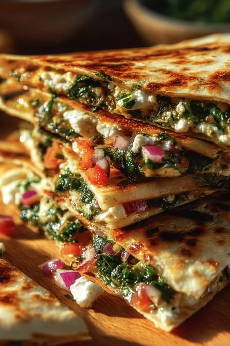 Mediterranean Quesadillas with Spinach, Feta, Mozzarella, and Red Onion
