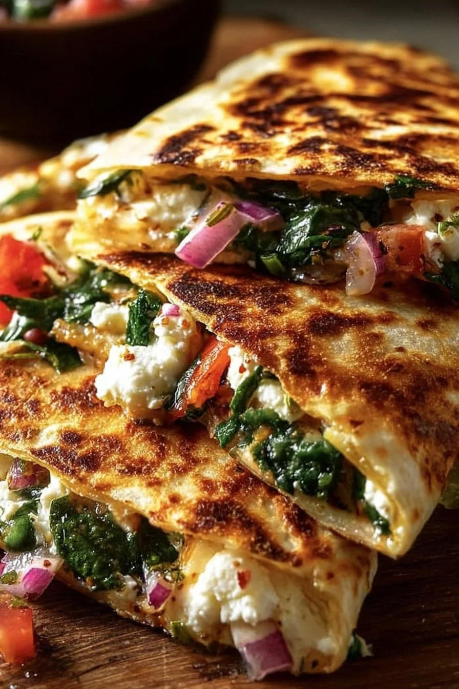 Mediterranean Quesadillas with Spinach, Feta, Mozzarella, and Red Onion