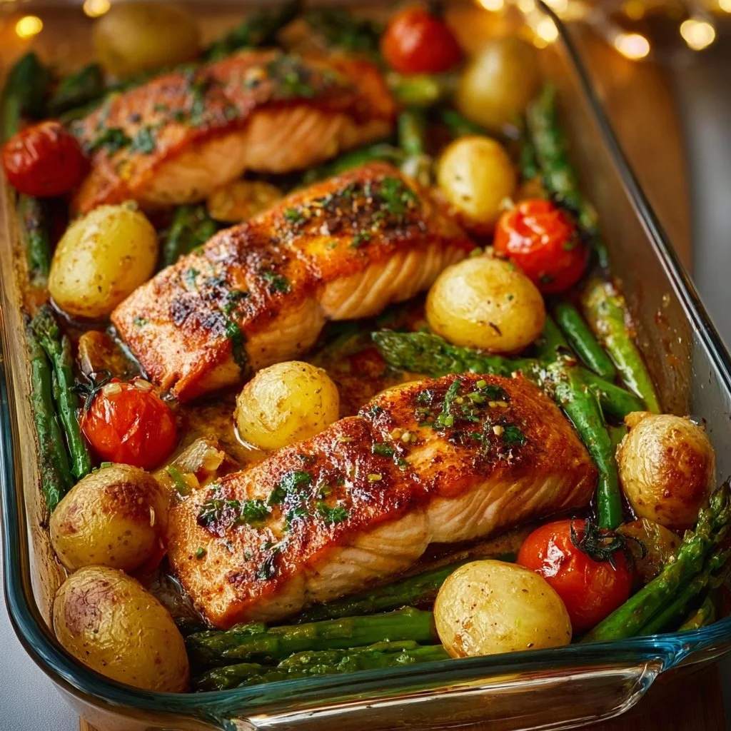 Oven-Baked Herb Salmon with Garlic Potatoes and Roasted Asparagus