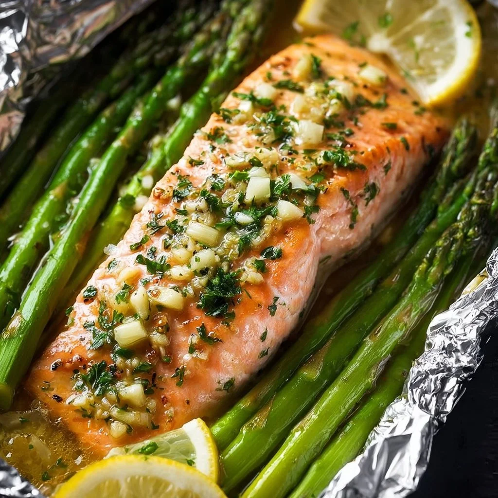 Salmon and Asparagus Foil Packs with Garlic Lemon Butter Sauce