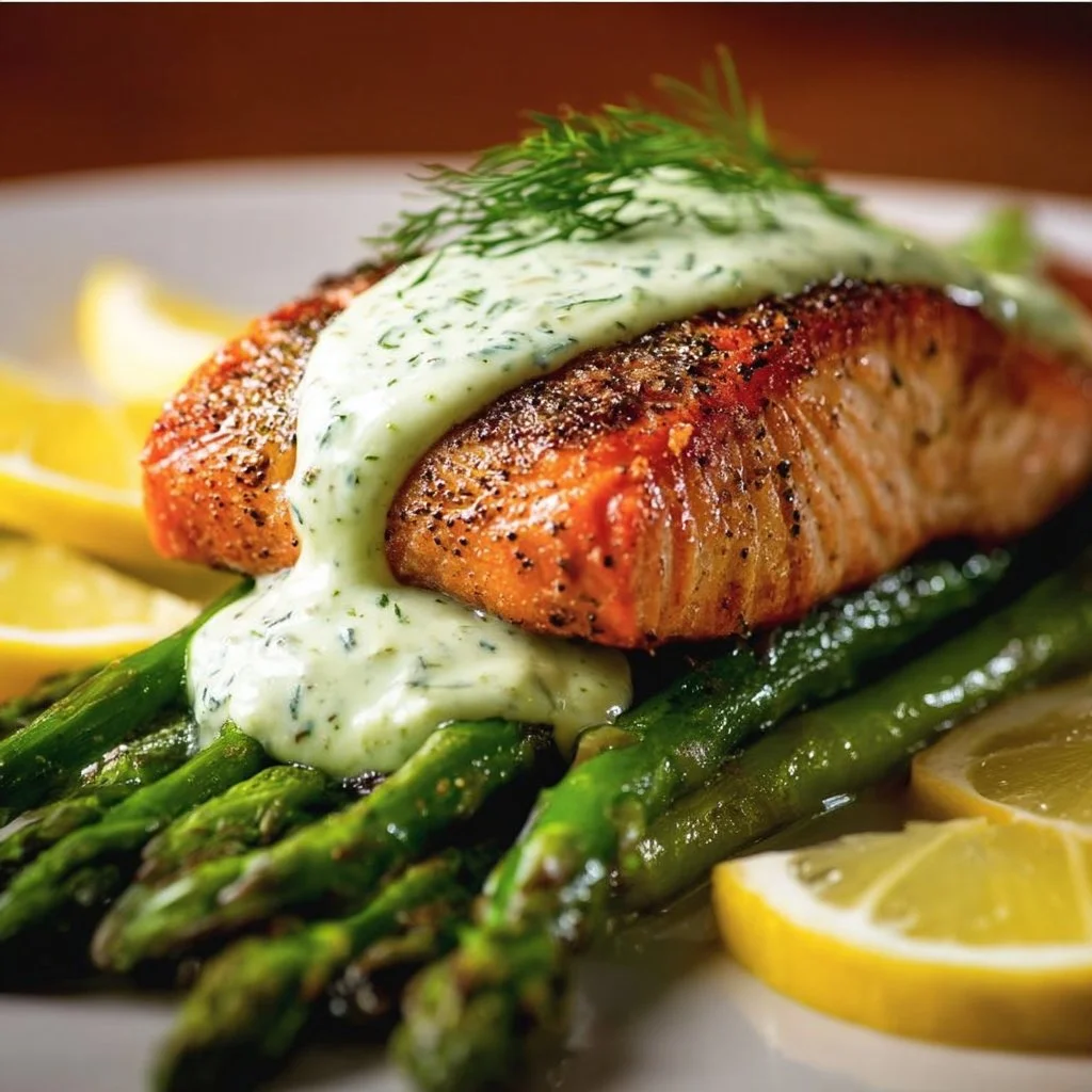 Sheet Pan Salmon and Asparagus with Lemon-Dill Sauce