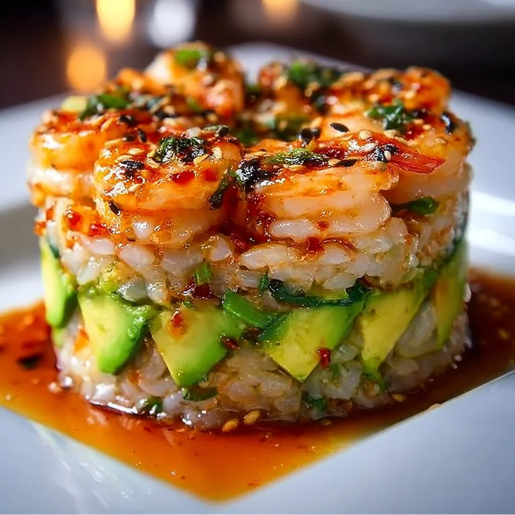 Spicy shrimp sushi stacks garnished with avocado and sesame seeds.