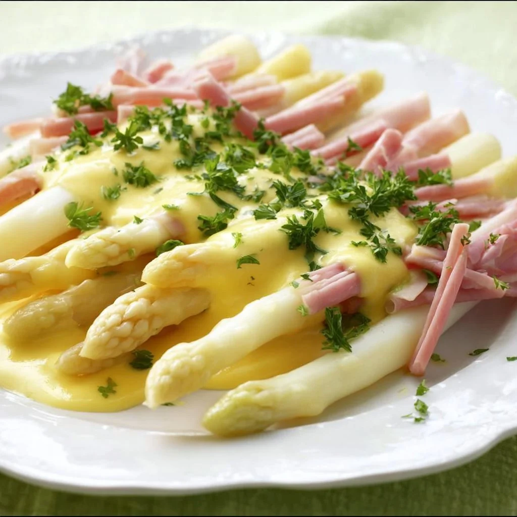 Steamed White Asparagus with Hollandaise Sauce, Chervil & Ham