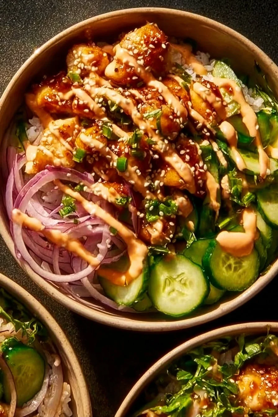Crispy Chicken with Spicy Creamy Sauce over Jasmine Rice