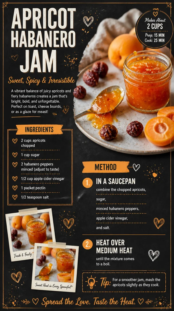 A jar of apricot habanero jam with fresh apricots and habanero peppers in the background.