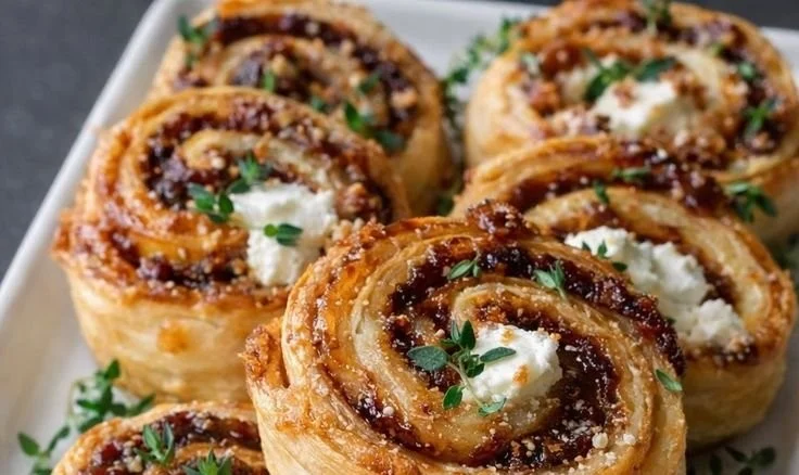 Delicious Fig and Goat Cheese Pinwheels served on a platter.
