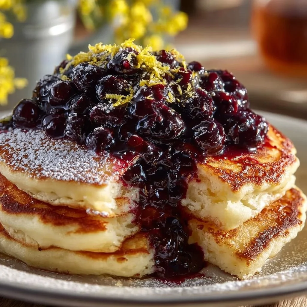 Fluffy Lemon Ricotta Pancakes Recipe with Easy Homemade Blueberry Compote