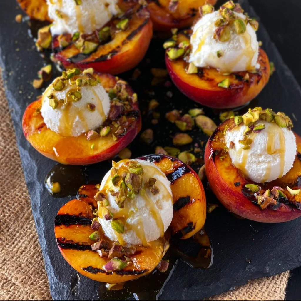 Grilled Peaches with Pistachio, Honey, and Ice Cream