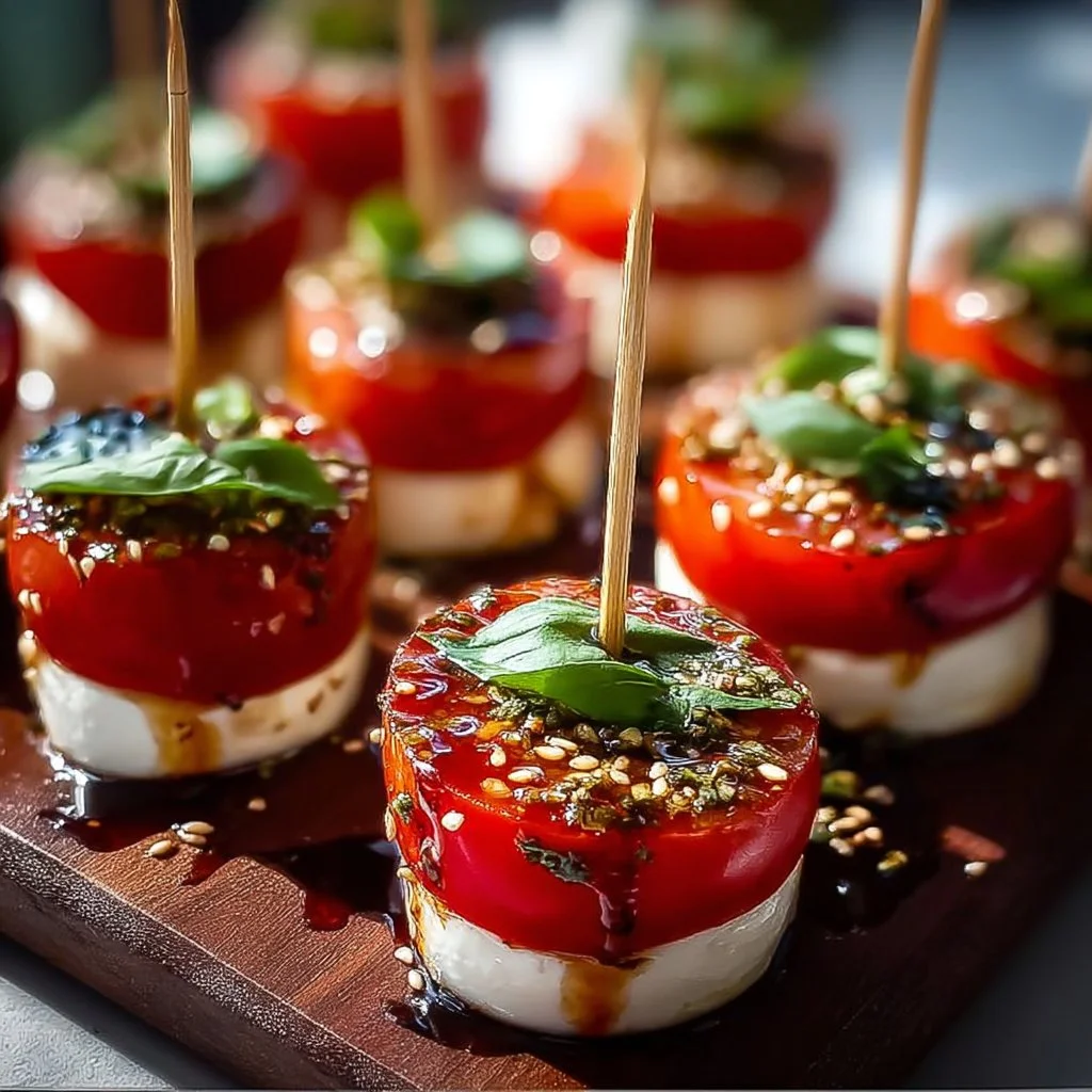Fresh mini caprese bites with mozzarella, cherry tomatoes, and basil on skewers