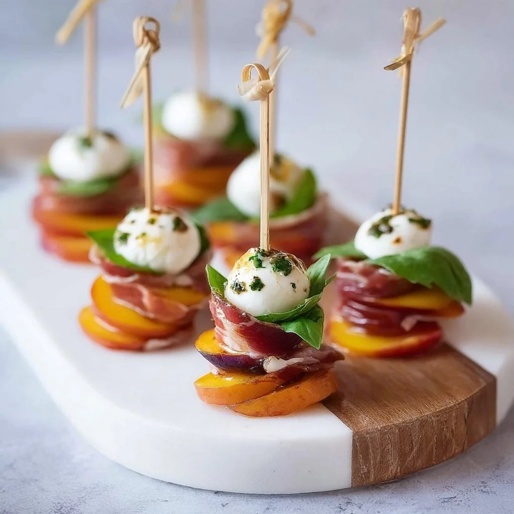 Mozzarella, Prosciutto, and Pickled Peach Appetizer Skewers