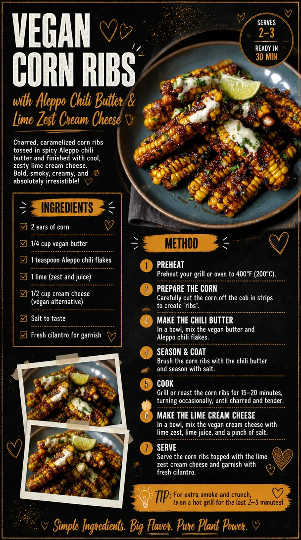 Vegan Corn Ribs with Aleppo Chili Butter & Lime Zest Cream Cheese