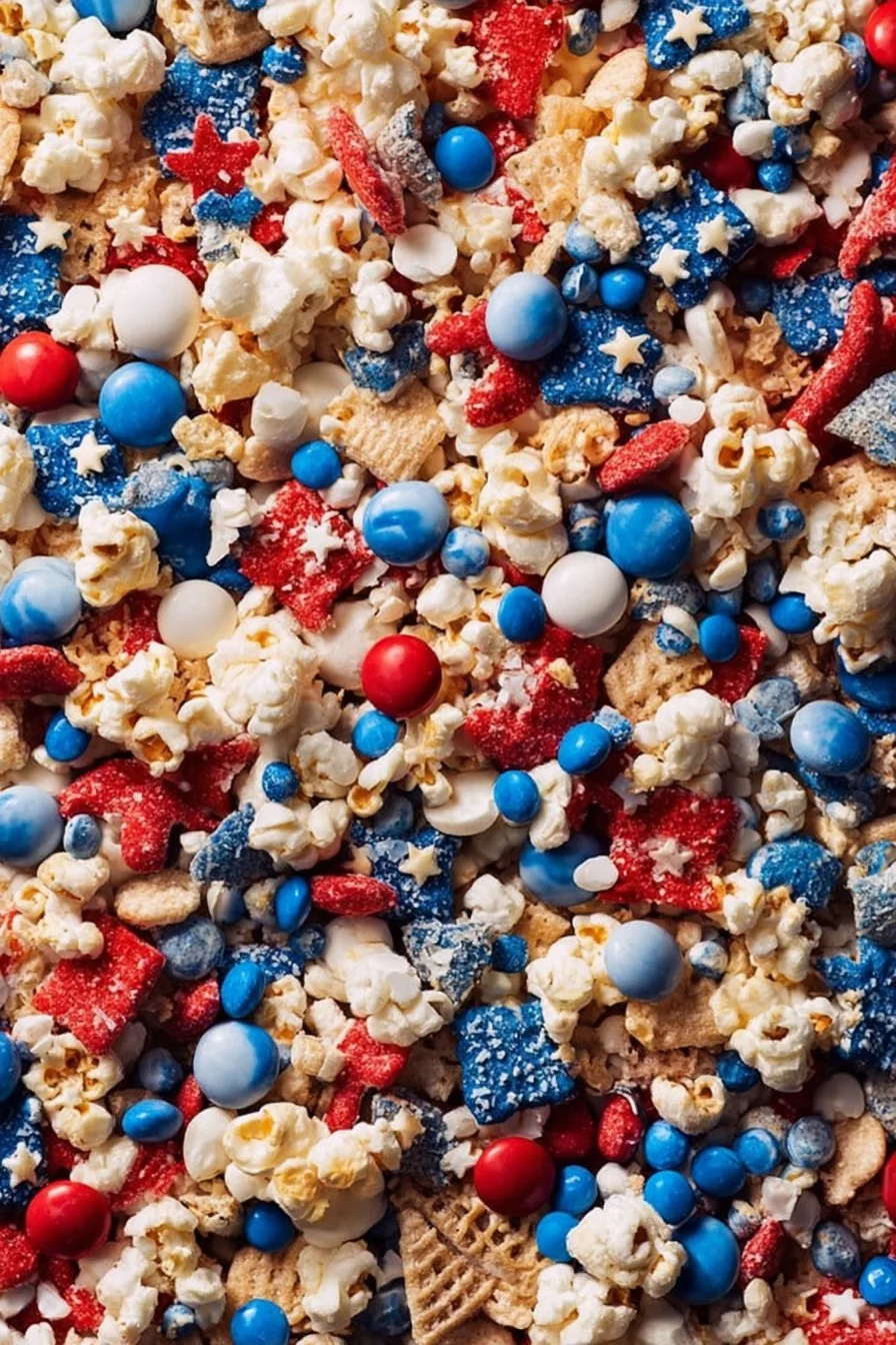 Colorful 4th of July snack mix with red, white, and blue ingredients.