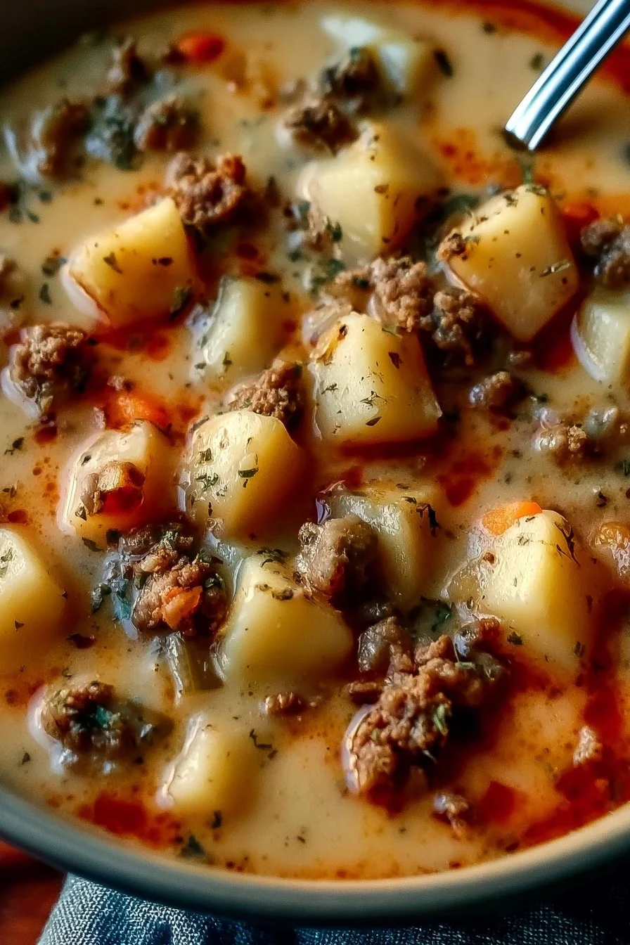 Cheesy Creamy Potato and Hamburger Soup