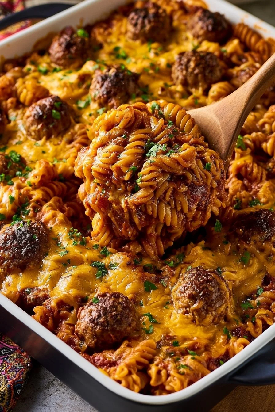 Cheesy Meatball Pasta Bake - delicious and lean homemade beef meatballs in a rich tomato sauce all stirred into fusilli … | Pasta dinner recipes