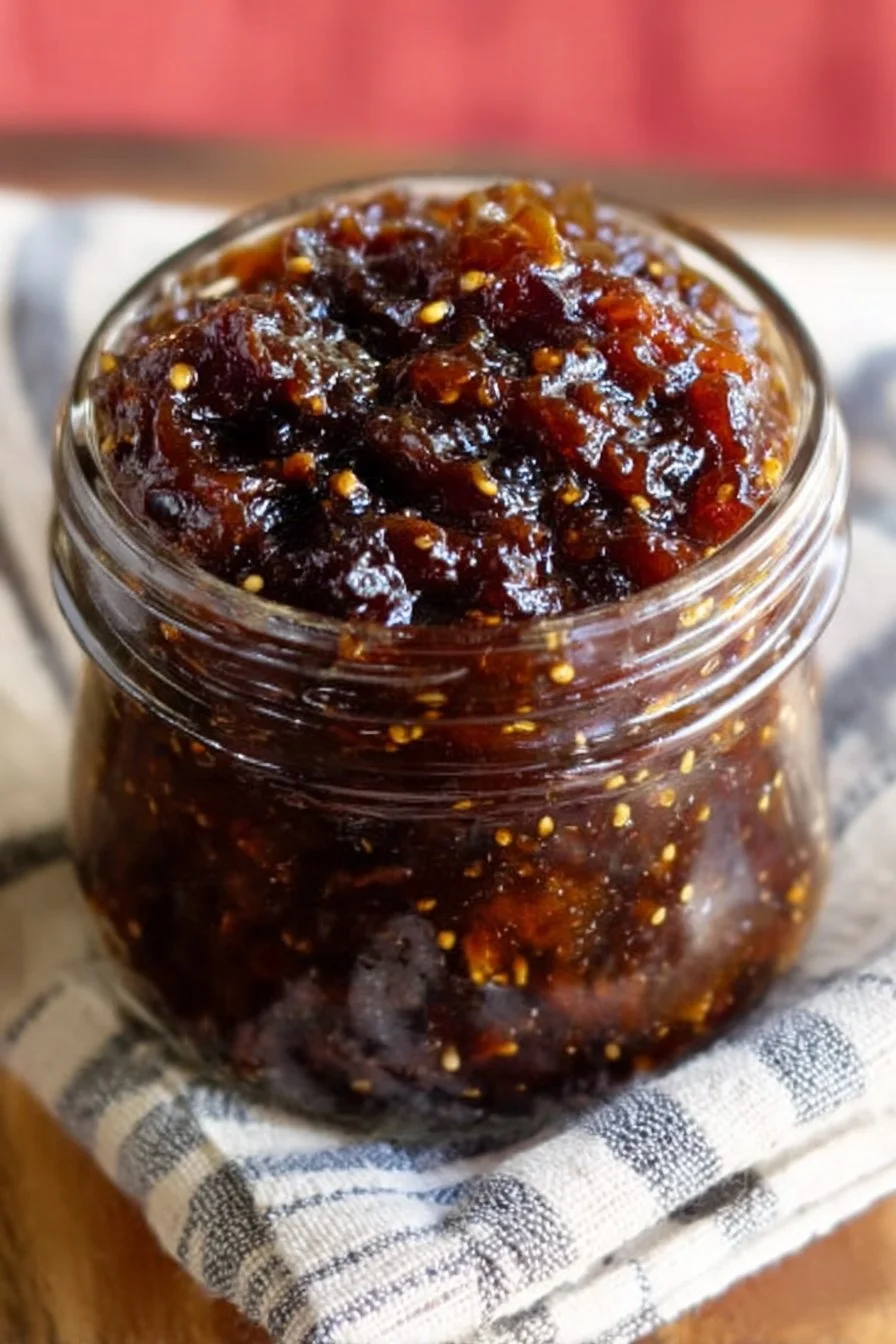 Homemade fig chutney in a jar with fresh figs and spices