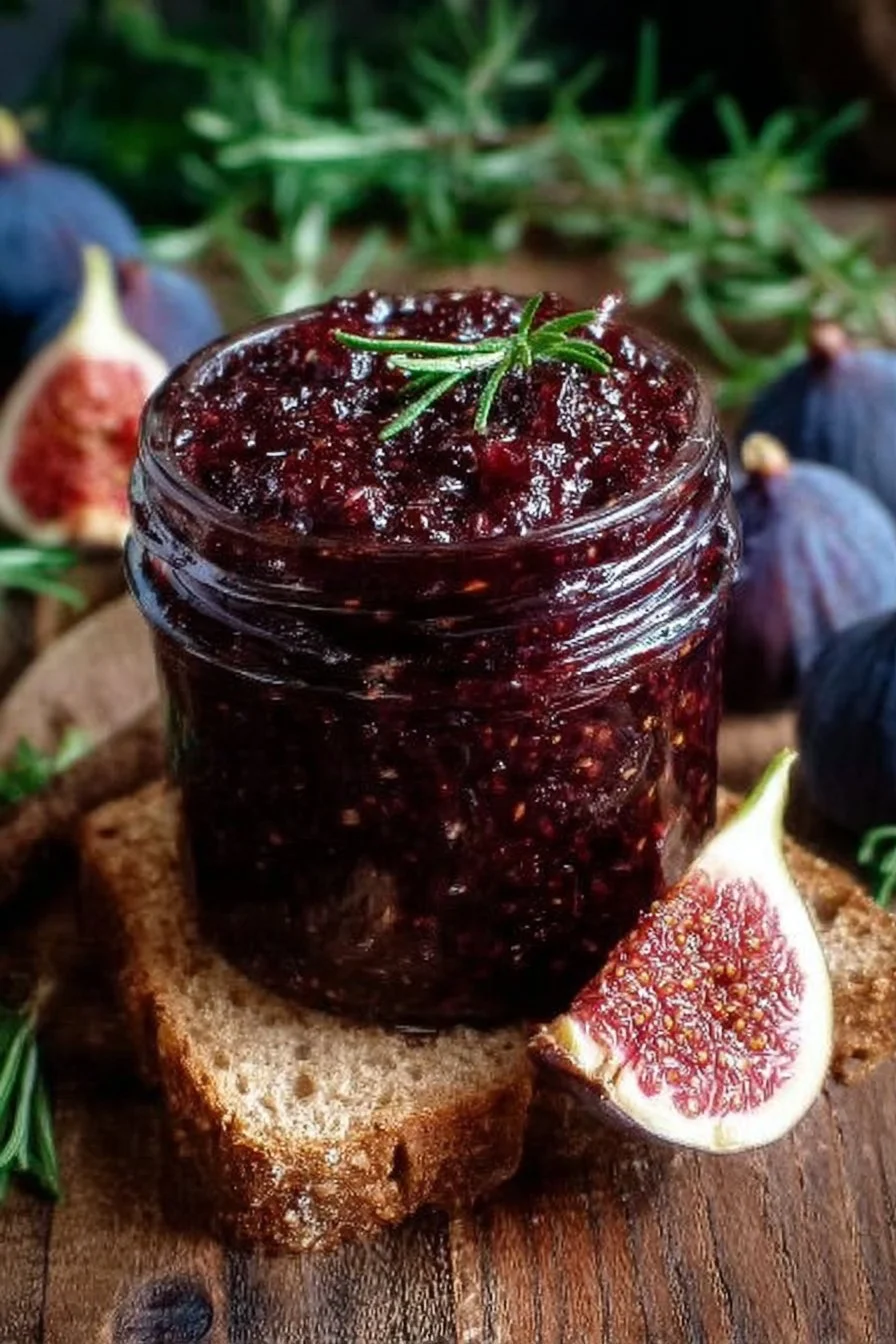 Jar of Fig Rosemary Red Wine Jam with fresh figs and rosemary sprigs