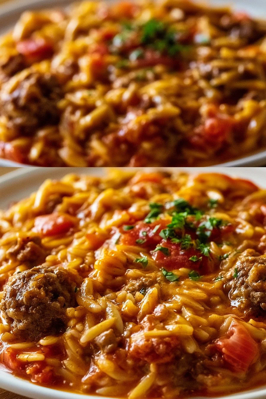 Ground Beef Orzo with Tomato Cream Sauce