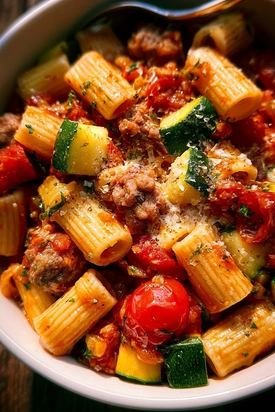 Rigatoni with Sausage, Tomatoes, and Zucchini | Rigatoni pasta with sausage and vegetables, Rigatoni with sausage and zucchini, Tomatoes and zucchini