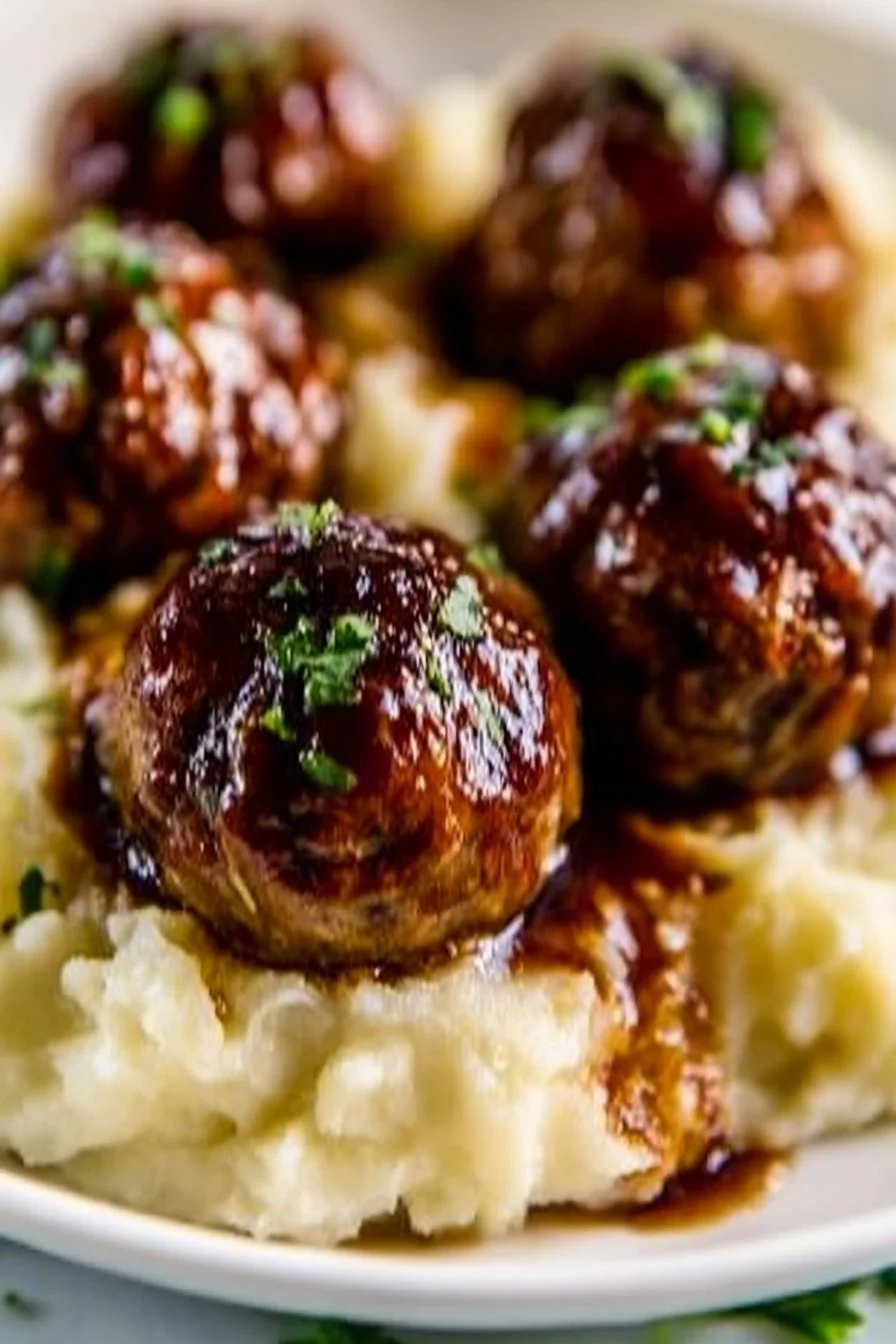 Salisbury Steak Meatballs with Garlic Herb Mashed Potatoes