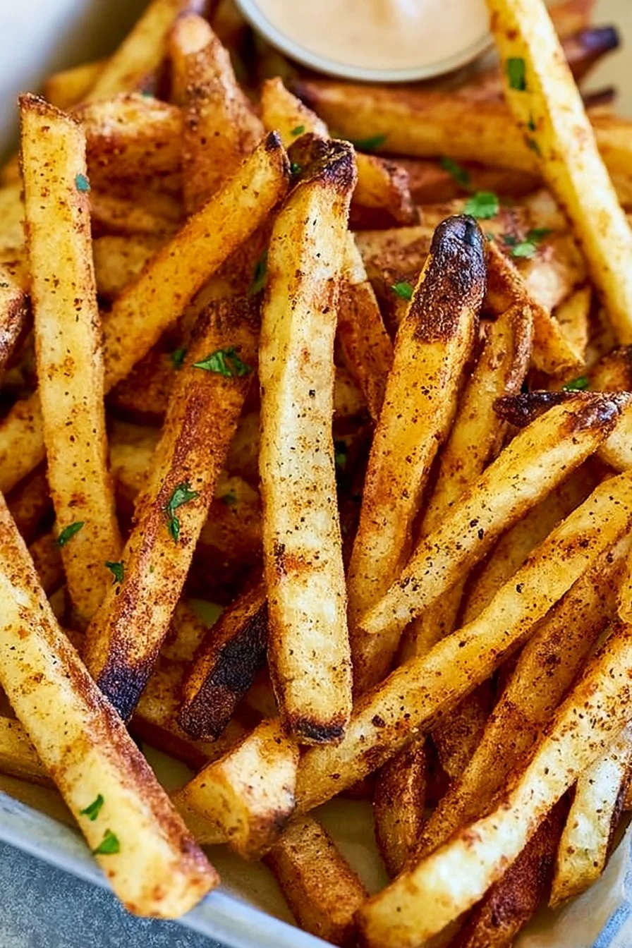 Delicious seasoned fries prepared following the Five Guys recipe.