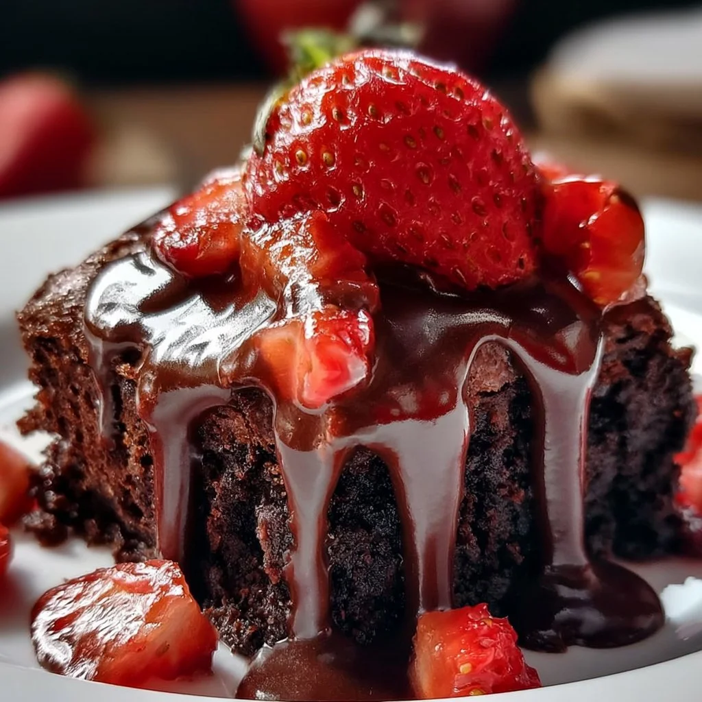 Chocolate Brownie Topped with Chocolate Sauce and Fresh Strawberries