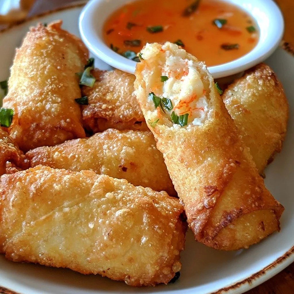 Delicious Crab Rangoon Egg Rolls served with dipping sauce