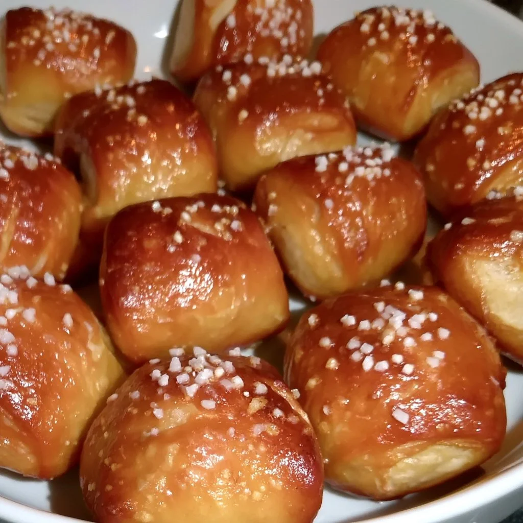 Freshly baked pretzel bites served with dipping sauces