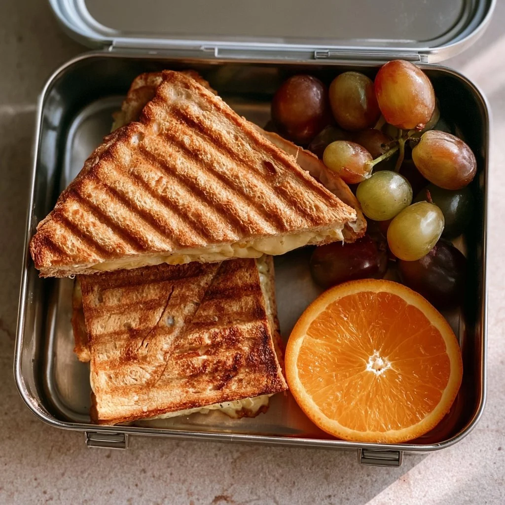Sweetcorn Cheese Sandwich, Grapes, and Orange Lunch Box | Lunchbox food, School sandwich ideas, Small lunch box ideas