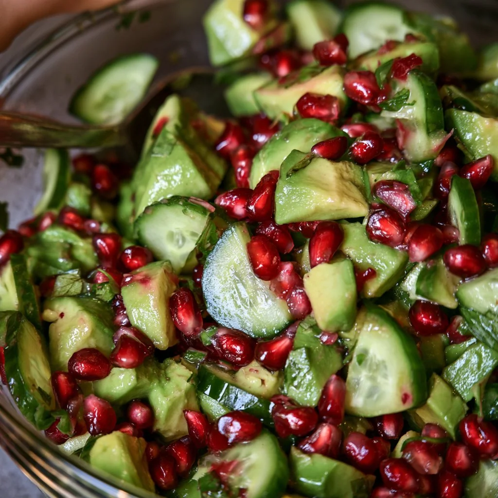 Avocado cucumber pomegranate salsa bowl garnished with herbs and spices