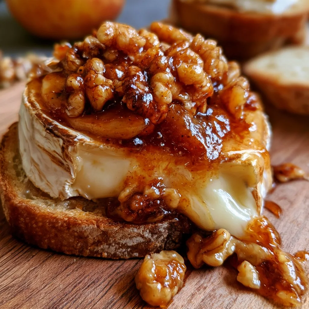 Baked apple butter brie topped with walnuts, served as an elegant appetizer