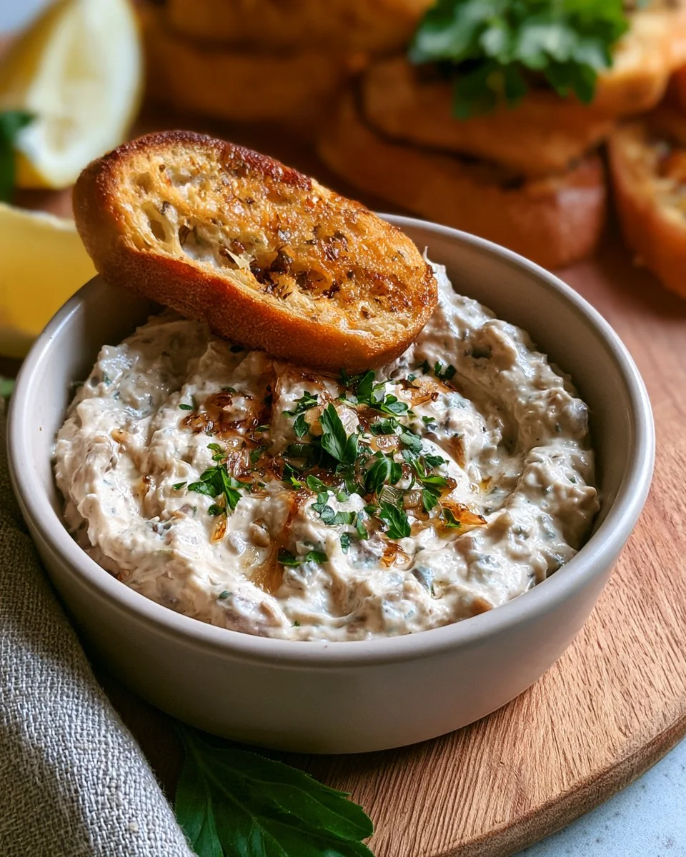 Creamy caramelized onion dip served in a bowl with fresh herbs
