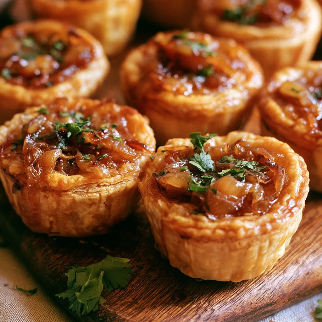 Delicious caramelized onion gruyere tartlets topped with herbs on a plate