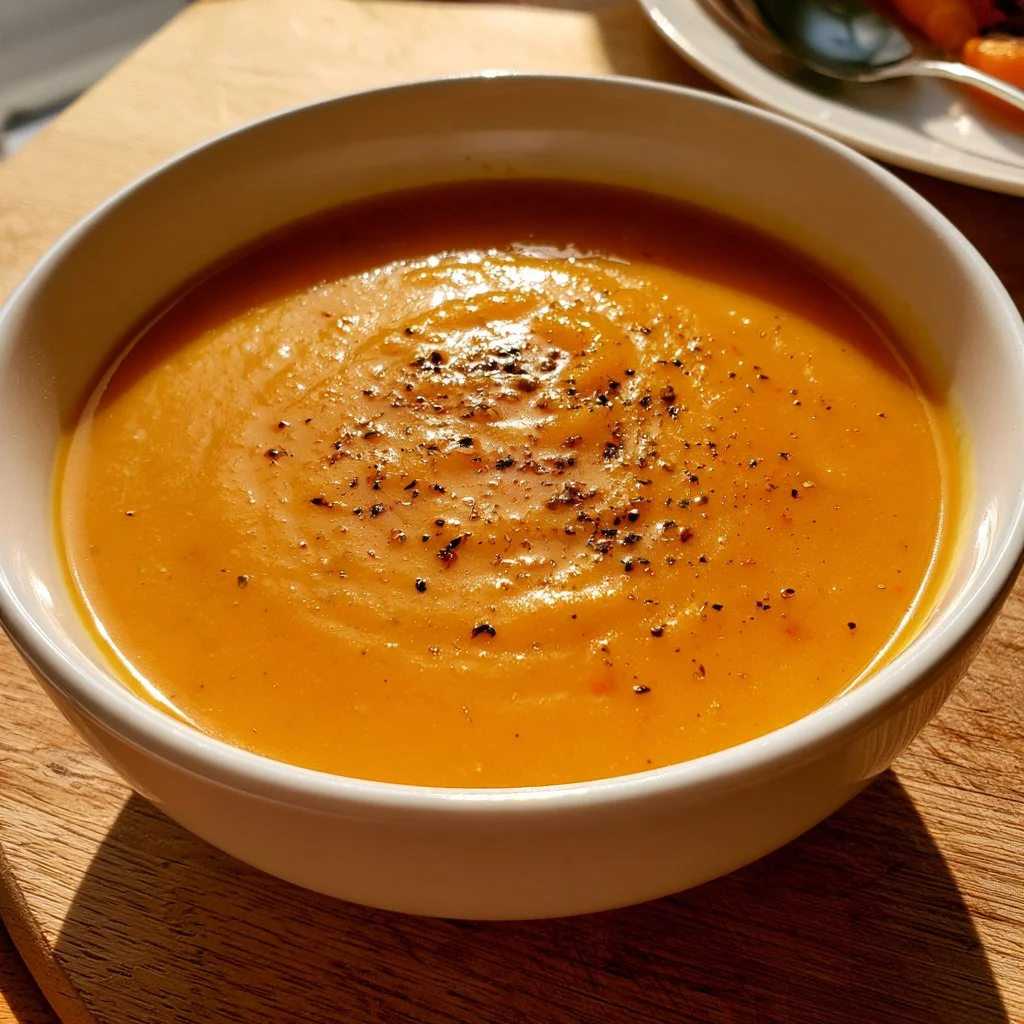 Bowl of Carrot Apple Ginger Soup garnished with herbs and spices
