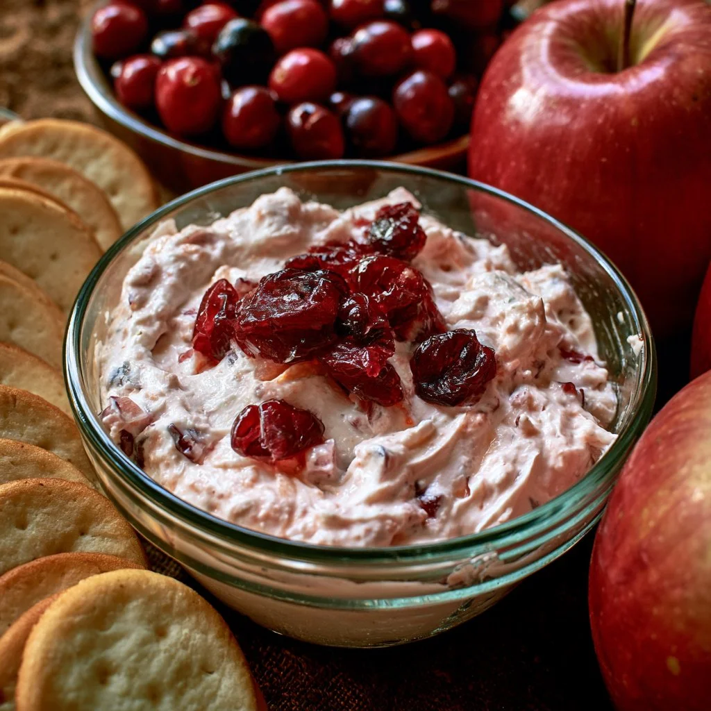 Delicious cranberry orange cream cheese dip served with apple slices.